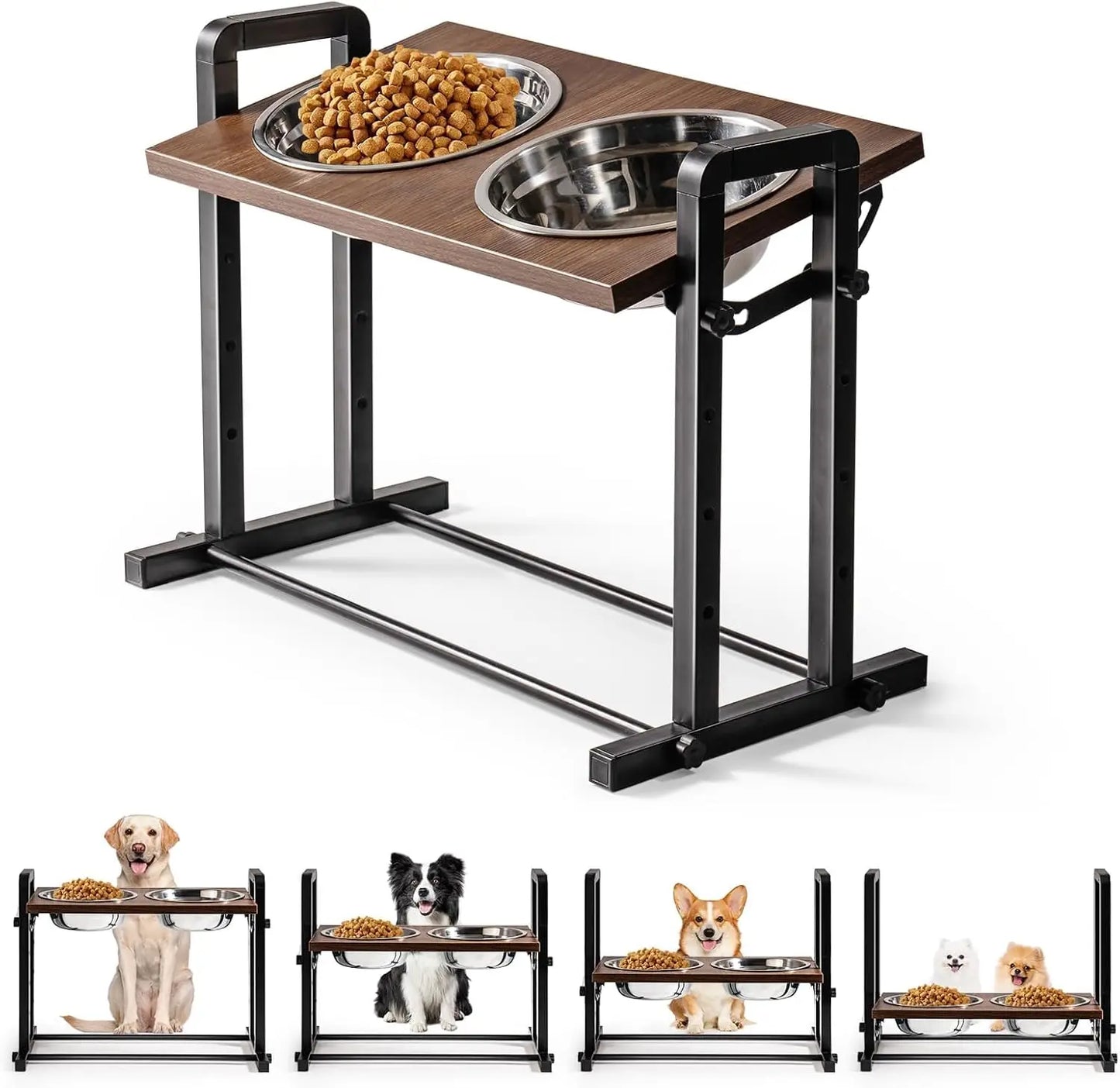 MewooFun Adjustable Wooden Dog Bowl Stand With Bowls