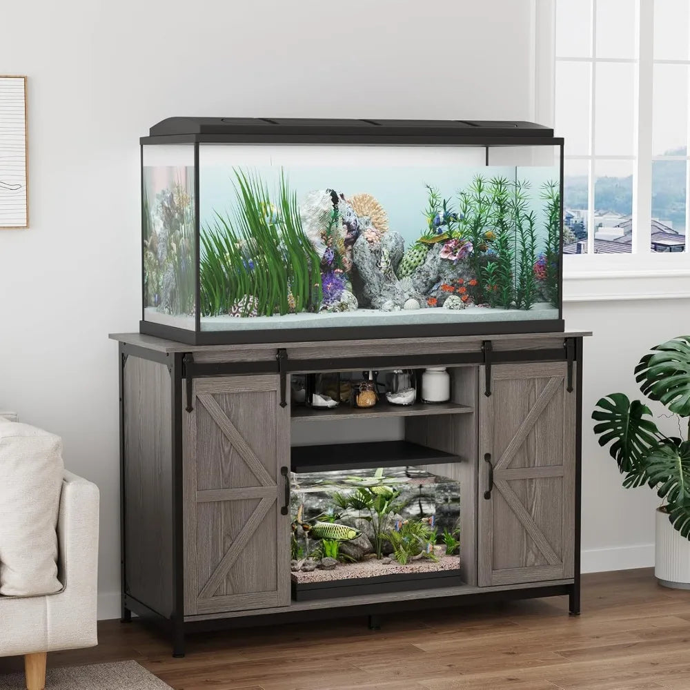 VOWNER Farmhouse Aquarium Stand With Power Outlet And Sliding Door