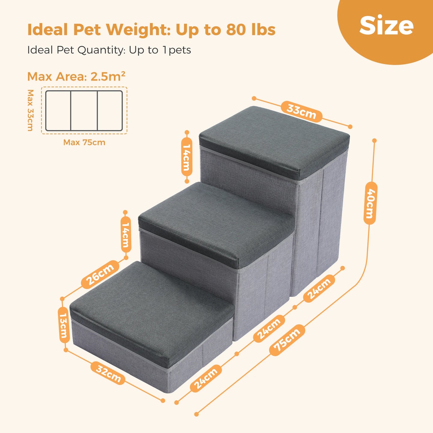 Foldable 3 Tier Dog Stairs With Adjustable Height Storage