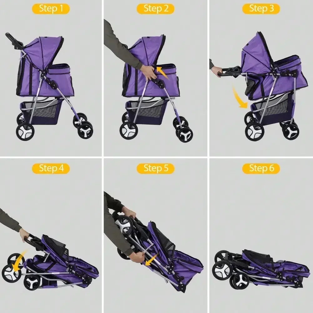 Foldable Pet Stroller for Small Dogs and Cats with Basket