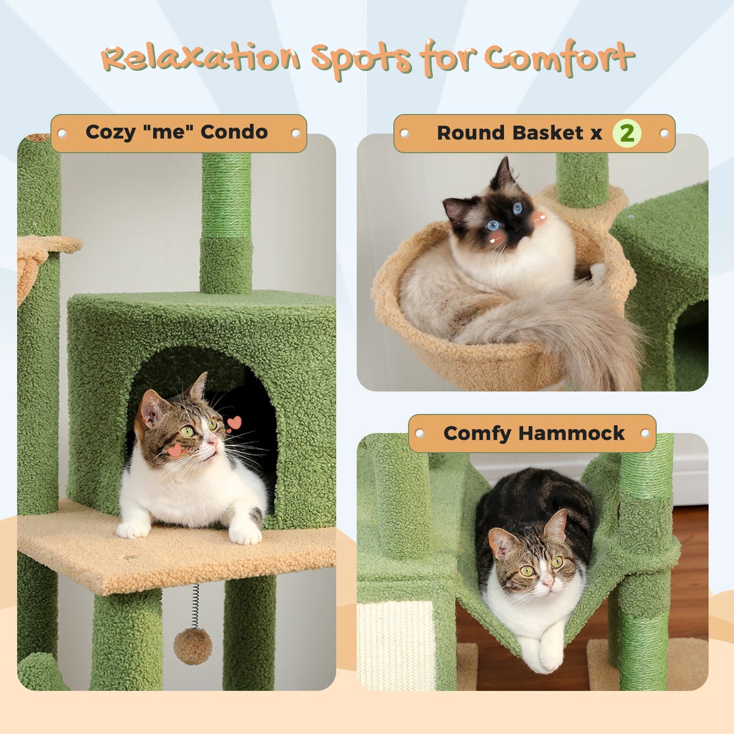 Cactus Cat Tree Tower With Cozy Hammocks And Seven Tiers