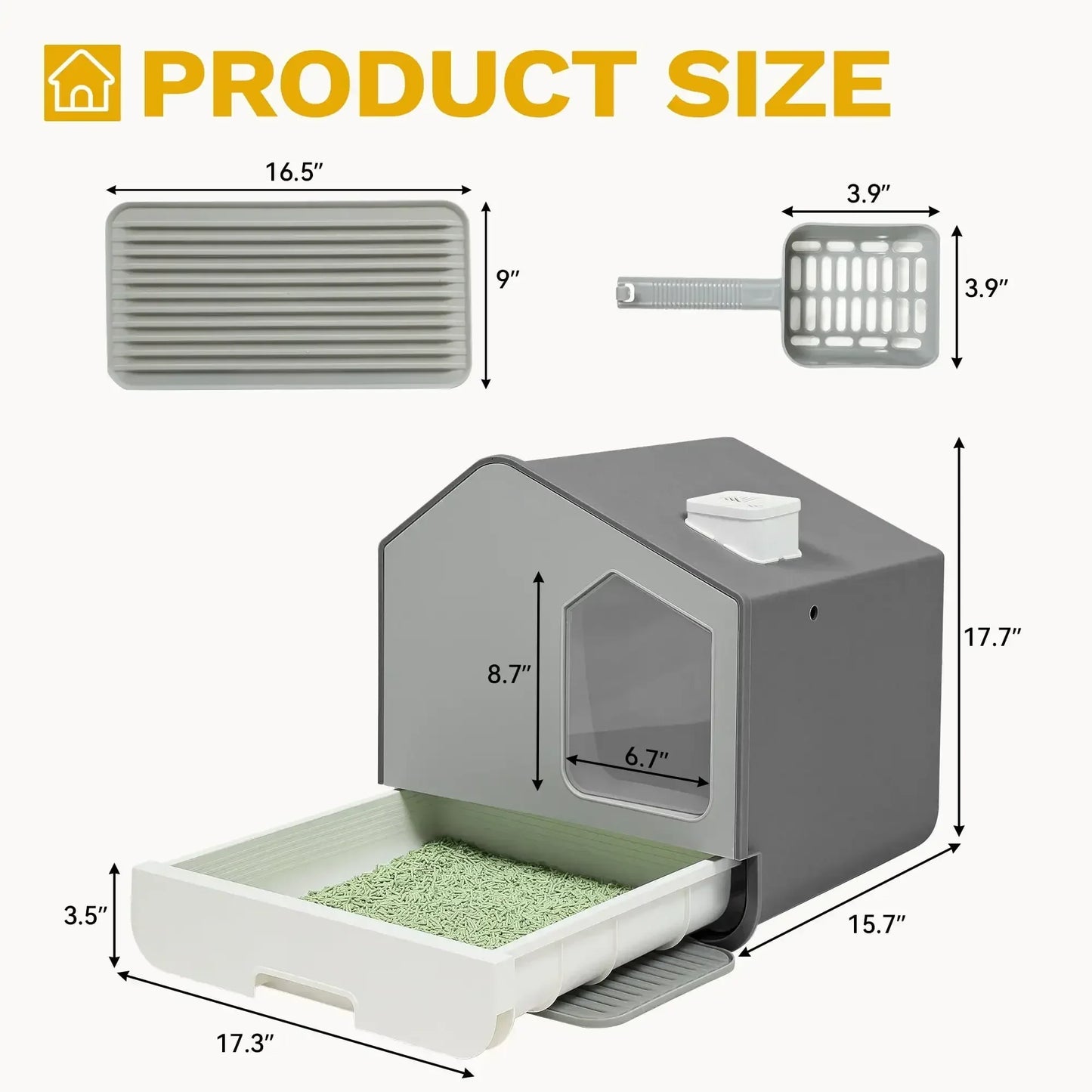 Oversized hooded cat litter box with odor control, spoon, mat, easy to clean, grey， litter box ， cat litter box