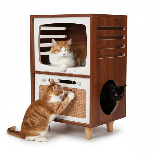 Retro TV Style Cat House With Scratching Board And Bed