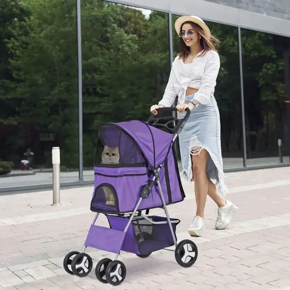 Foldable Pet Stroller for Small Dogs and Cats with Basket