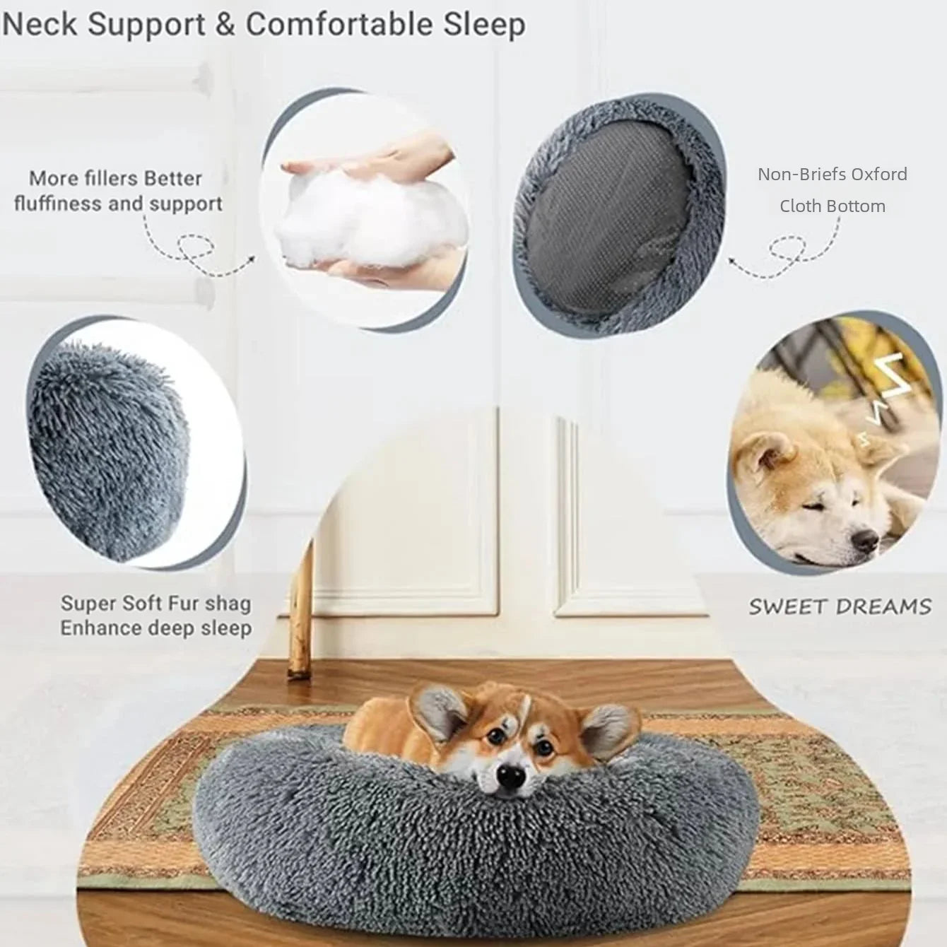 NONECN Round Plush Pet Bed Fleece Dog Cat Cozy Bed