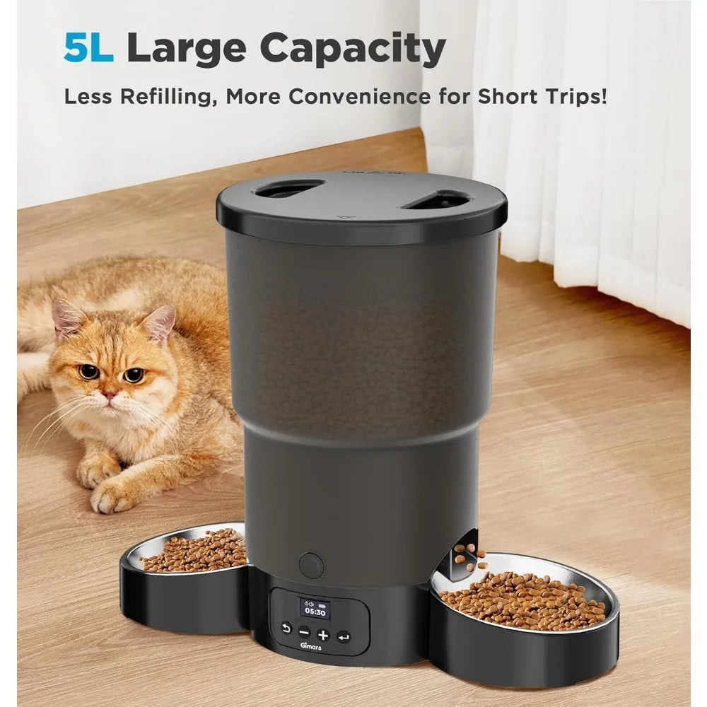 Automatic Cat Feeder 5L Programmable Dual Power For 2 Cats