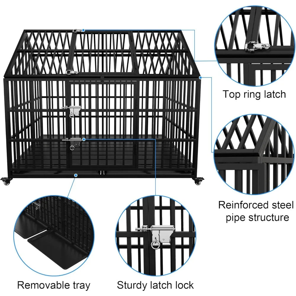Heavy Duty Dog Crate 54 inch XL Large Pet Dog Cage Crate Kennel with Roof Top 2 Doors Removable Trays, Lockable Wheels Escape