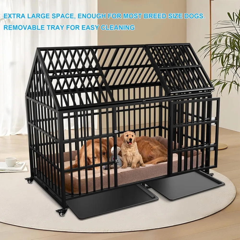 Heavy Duty Dog Crate 54 inch XL Large Pet Dog Cage Crate Kennel with Roof Top 2 Doors Removable Trays, Lockable Wheels Escape