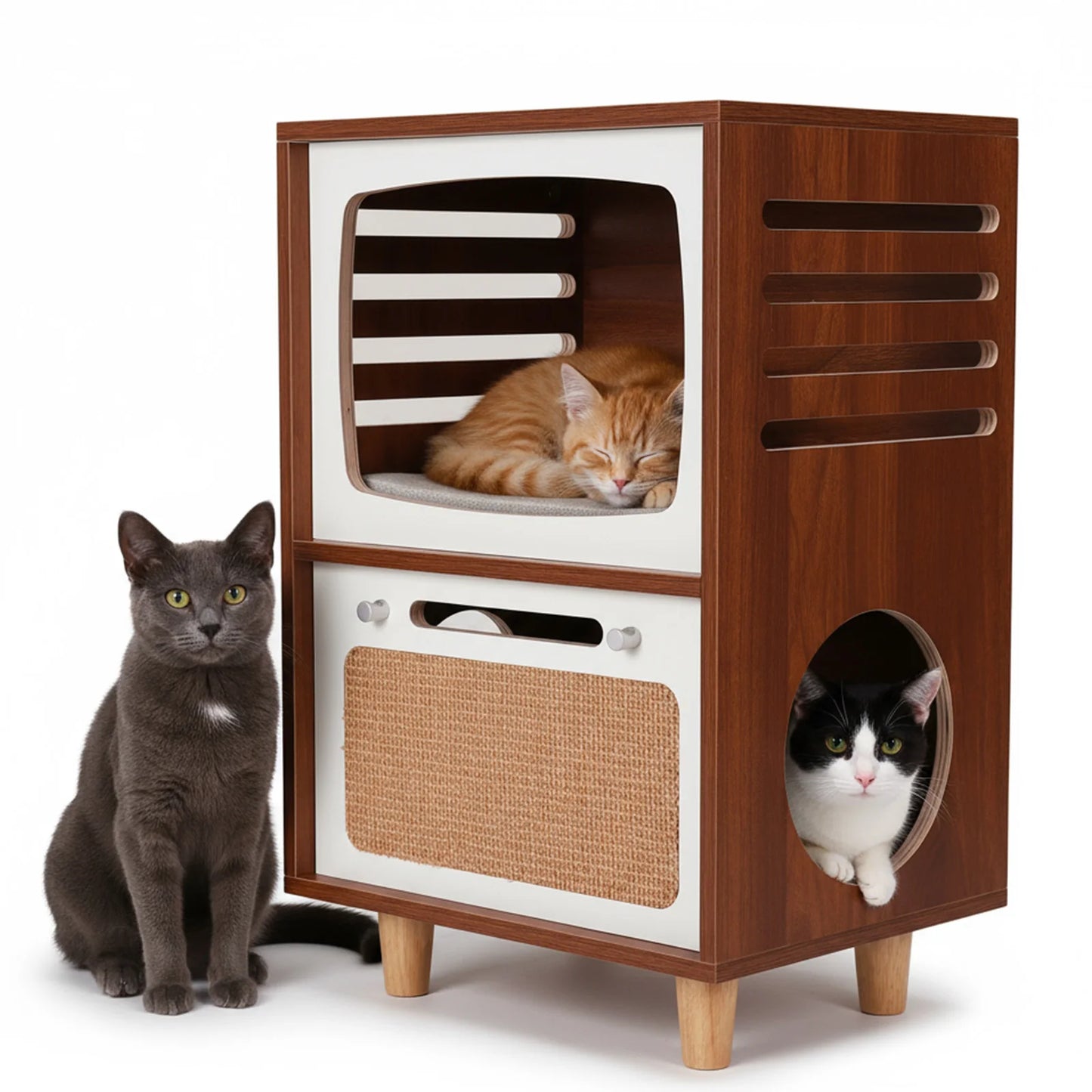 Retro TV Style Cat House With Scratching Board And Bed
