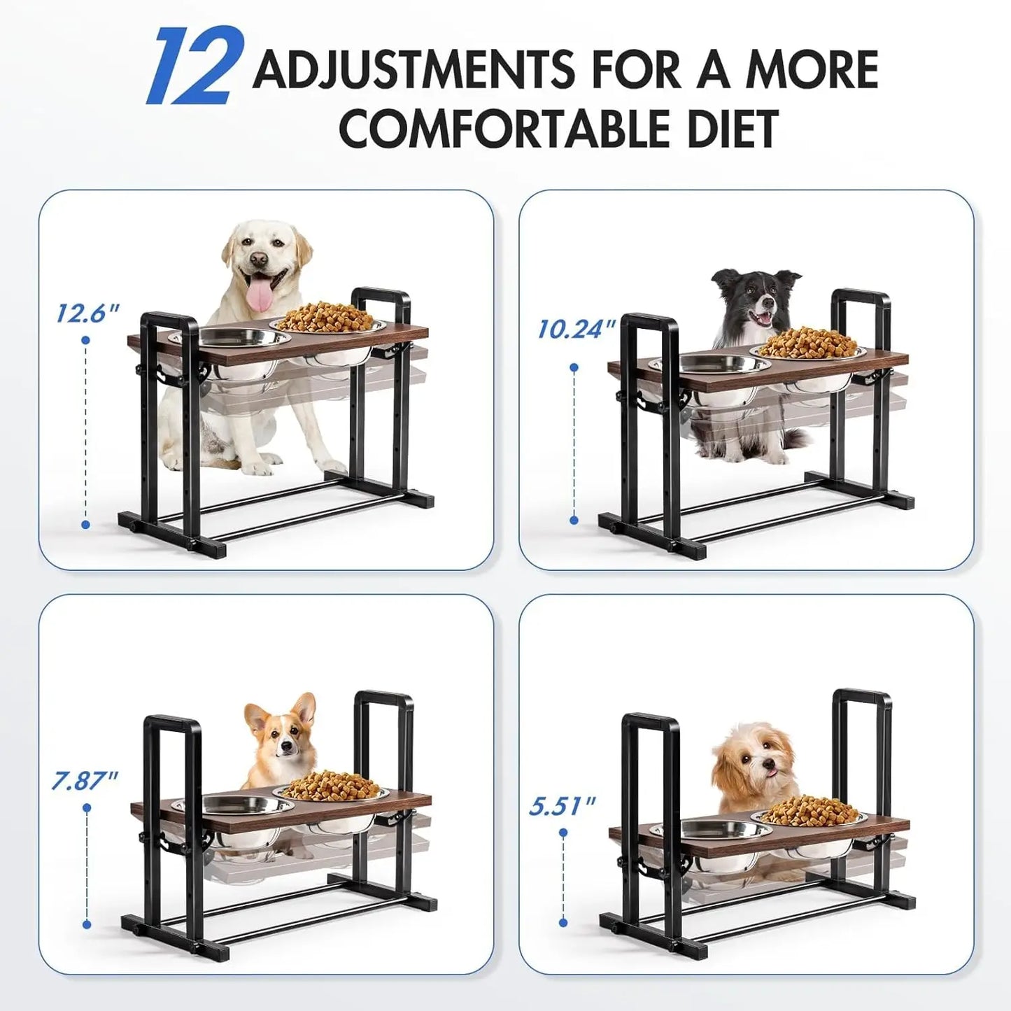 MewooFun Adjustable Wooden Dog Bowl Stand With Bowls