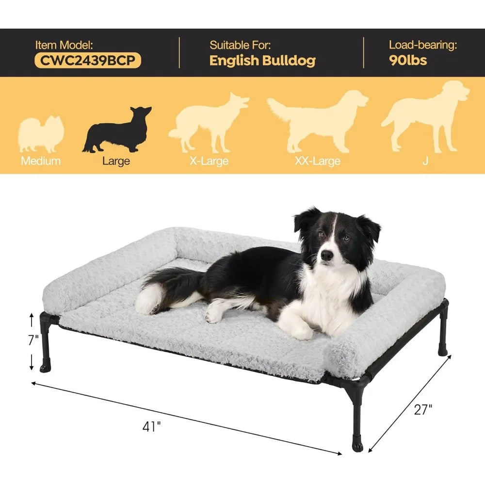 Veehoo Cooling Elevated Dog Bed Add Removable Deluxe Rose Plush Bolster Cushion Mat, 41 x 27 Washable Dog Couch Bed, Raised Pet