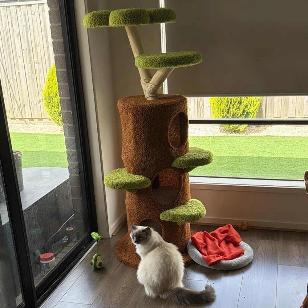 BORWARTCN Luxury Wood Cat Tree Tower With Scratching Post Bed
