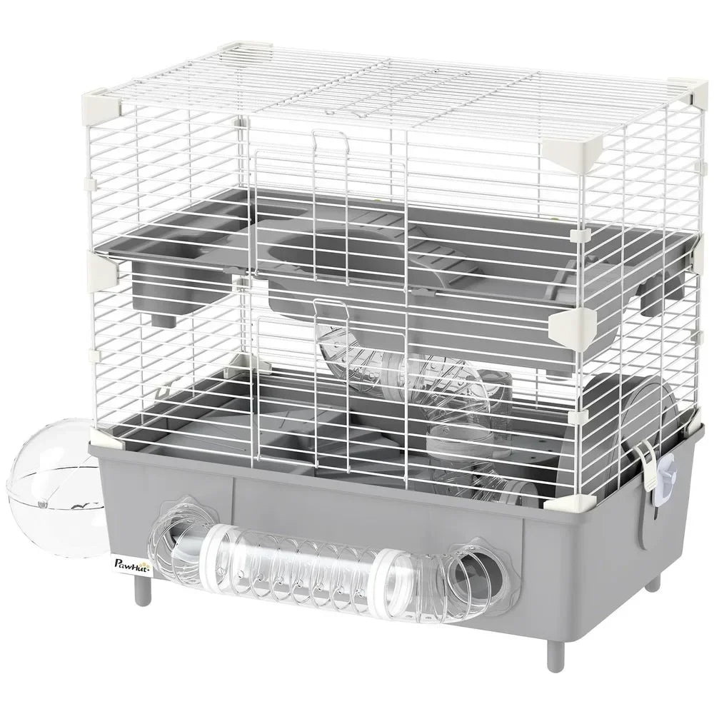 Two Tier Gray Hamster Cage With Accessories And Play Area