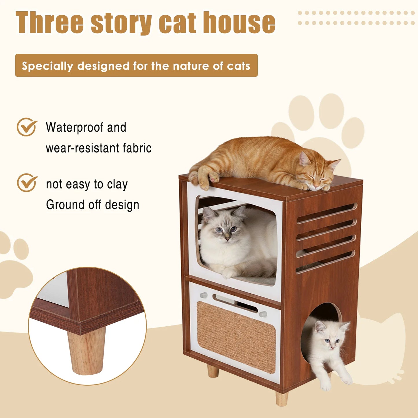 Retro TV Style Cat House With Scratching Board And Bed