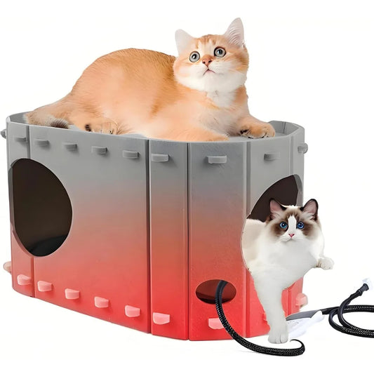Foldable Heated Cat House For Indoor Cats With Timer And Adjustable Heating Pad