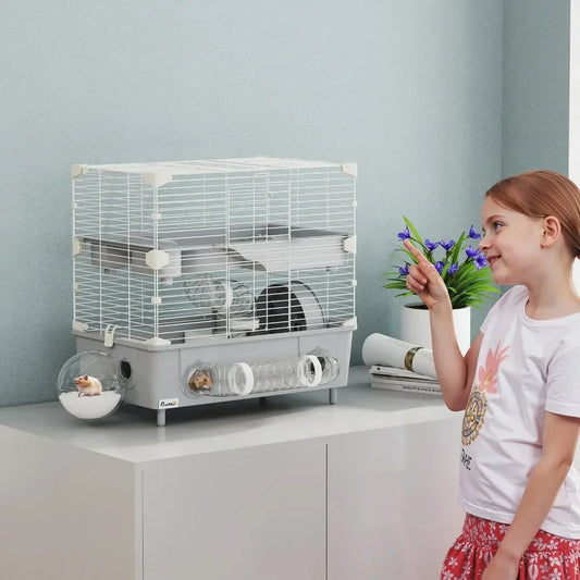 Two Tier Gray Hamster Cage With Accessories And Play Area