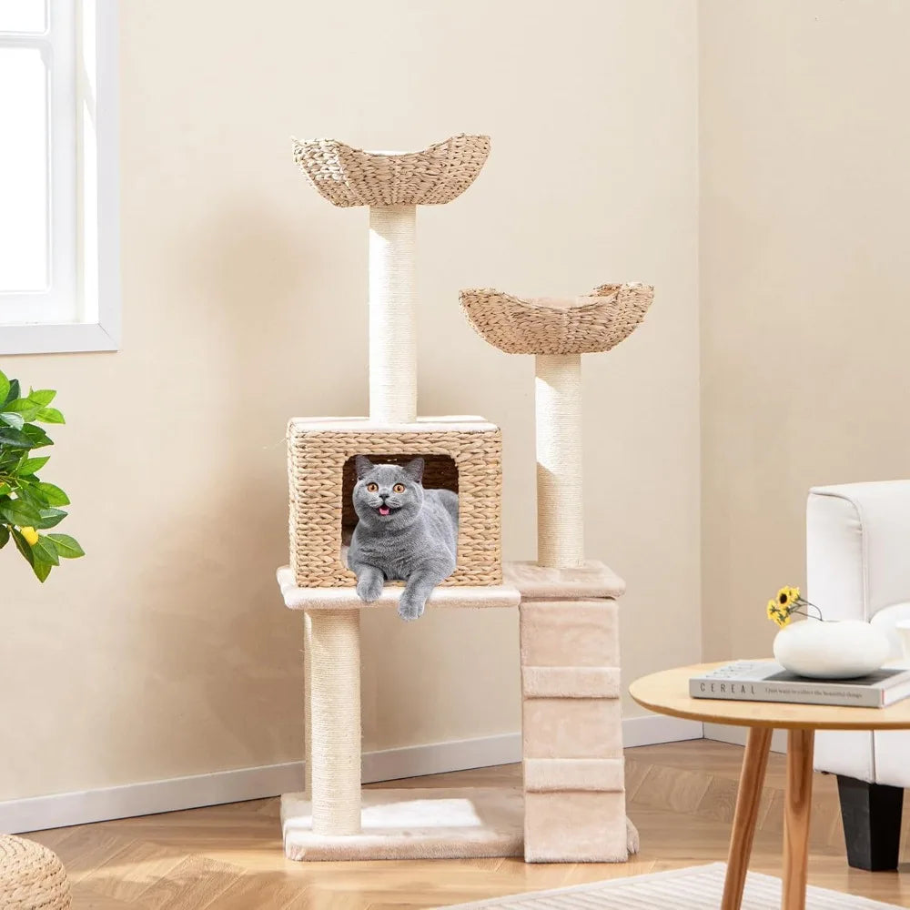 48 Inch Cattail Cat Tree With Multi Level Tower And Posts