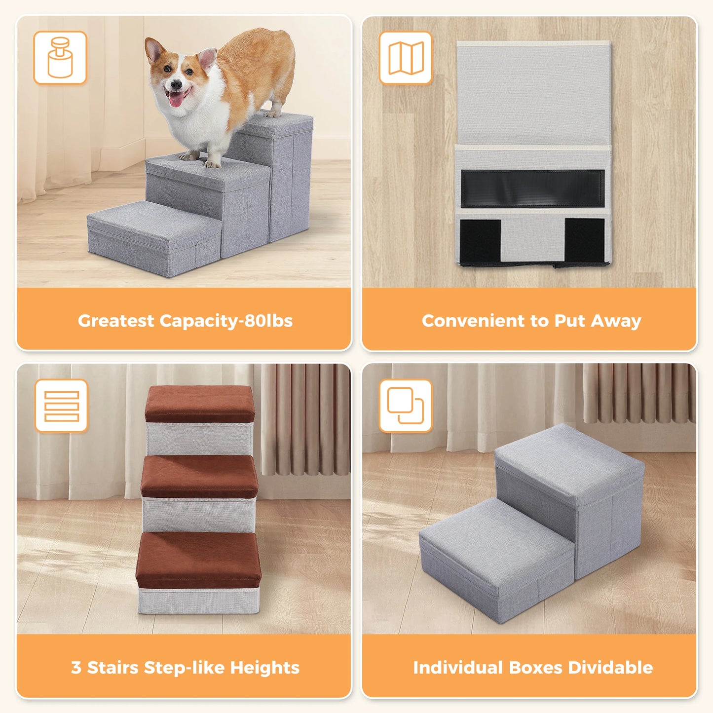 Foldable 3 Tier Dog Stairs With Adjustable Height Storage