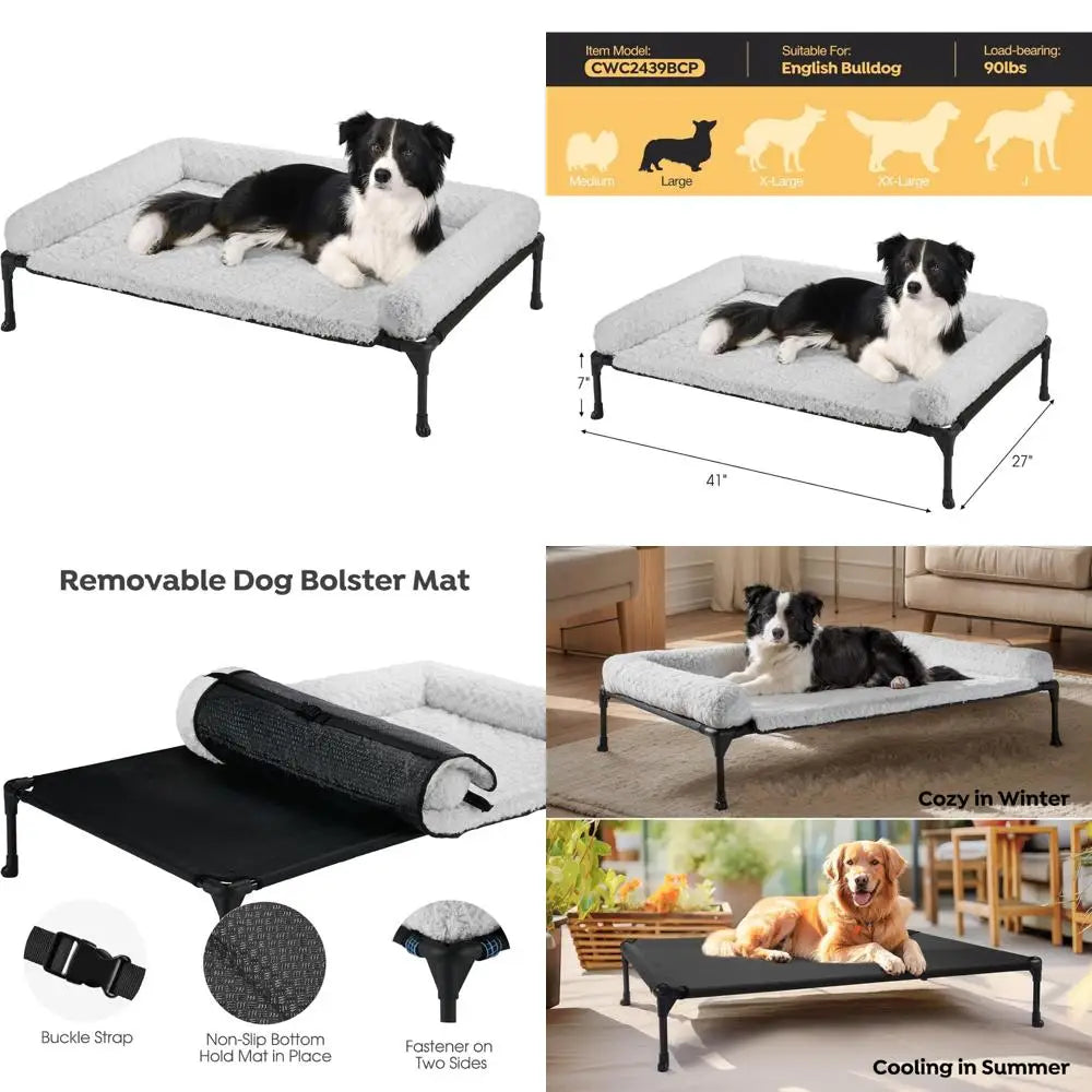 Veehoo Cooling Elevated Dog Bed Add Removable Deluxe Rose Plush Bolster Cushion Mat, 41 x 27 Washable Dog Couch Bed, Raised Pet