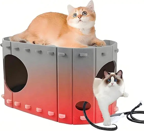 Foldable Heated Cat House For Indoor Cats With Timer And Adjustable Heating Pad
