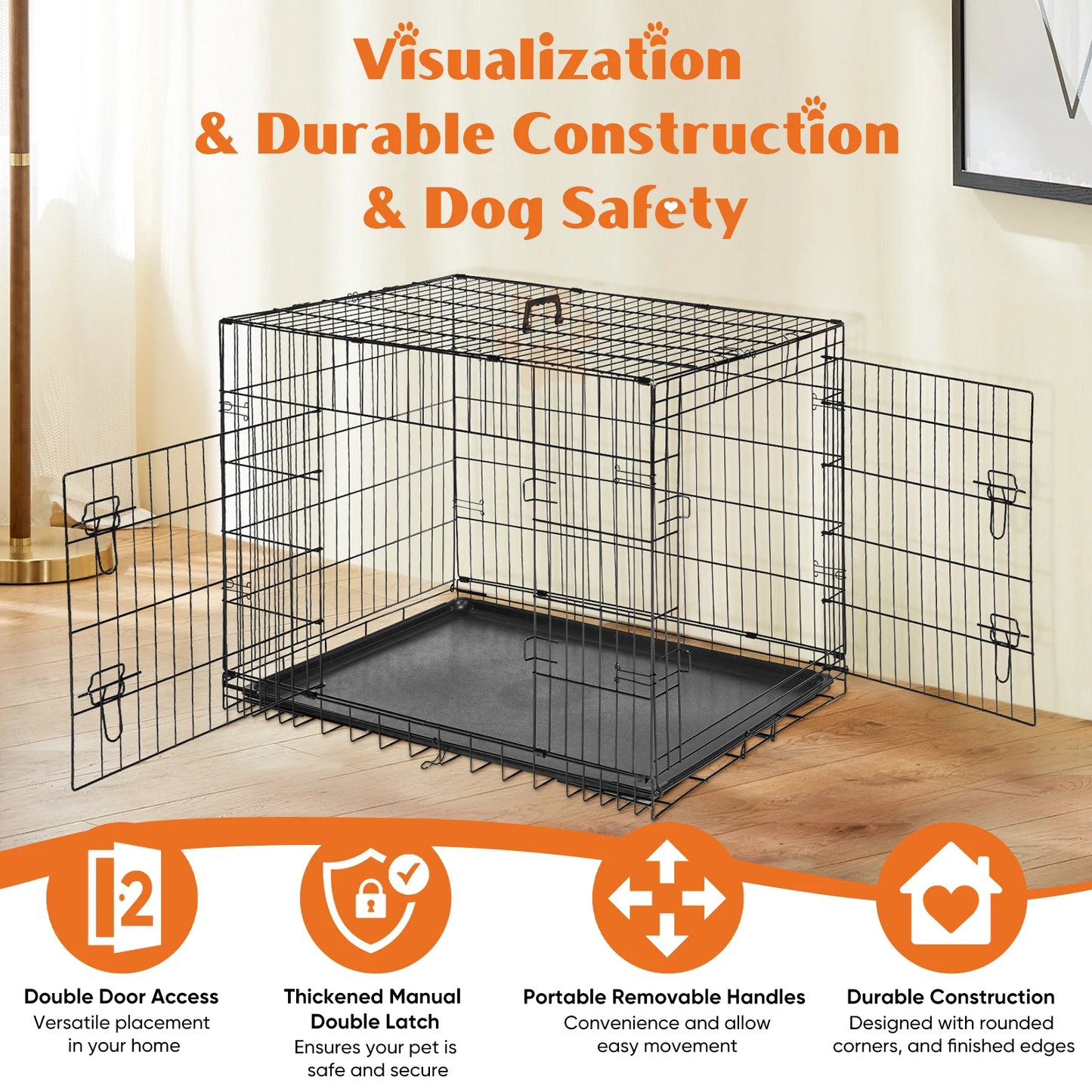 JHK Double Door Folding Metal Dog Cage With Leak Proof Tray