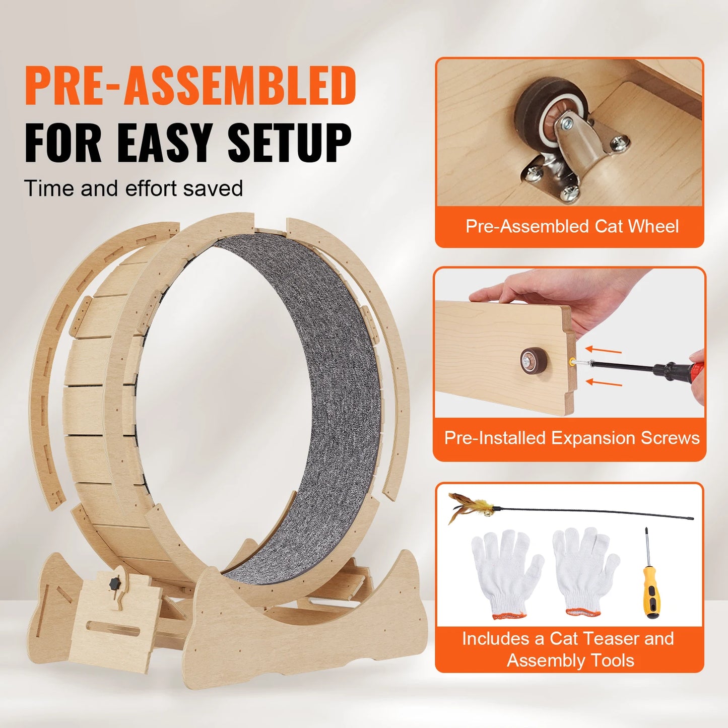 SucceBuy Wooden Cat Exercise Wheel With Detachable Carpet And Teaser