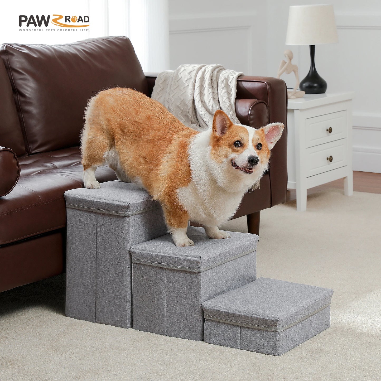 Foldable 3 Tier Dog Stairs With Adjustable Height Storage