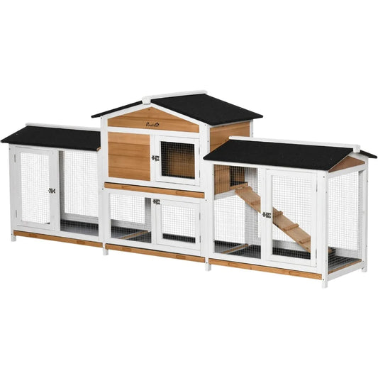 90.5" Wooden Rabbit Hutch Bunny Cage Pet Playpen House Enclosure with Double Side Run Boxes, No Leak Tray, Ramp, for Guinea Pig