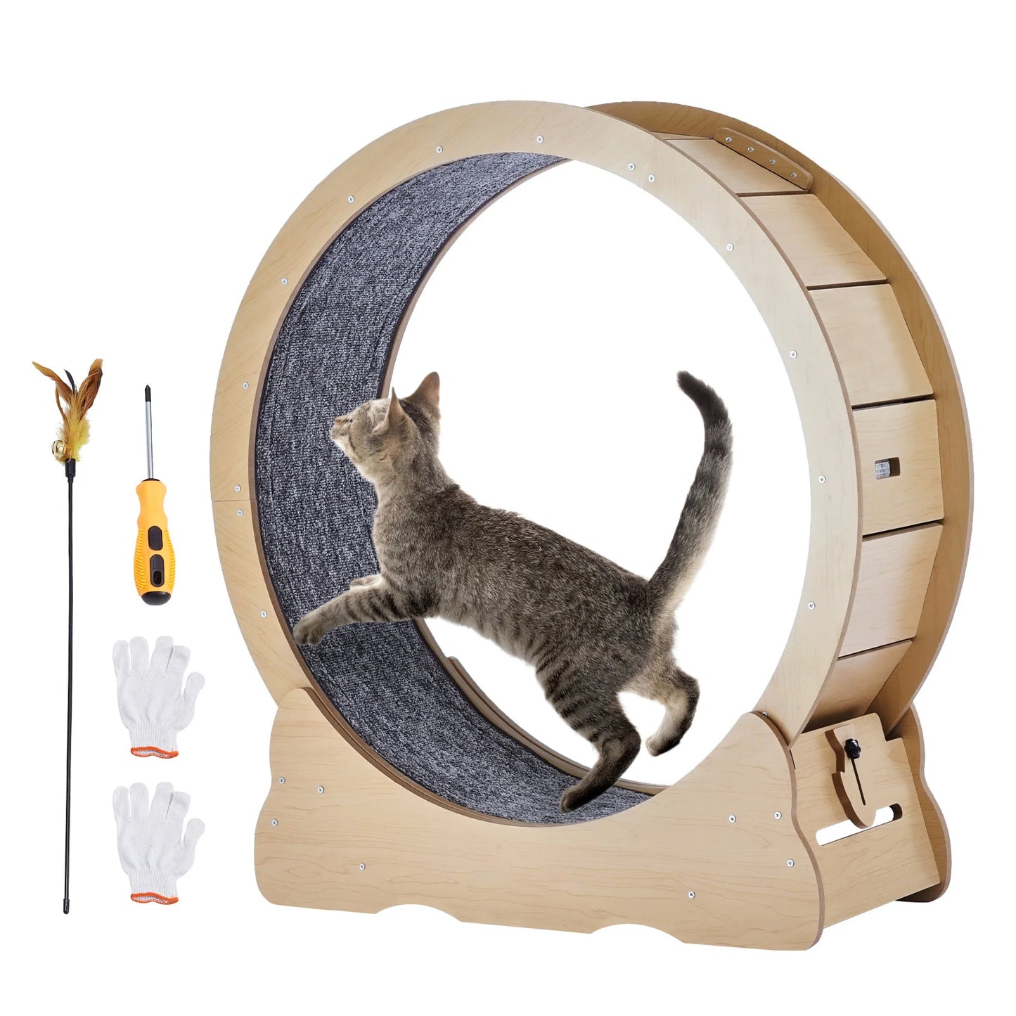 SucceBuy Wooden Cat Exercise Wheel With Detachable Carpet And Teaser
