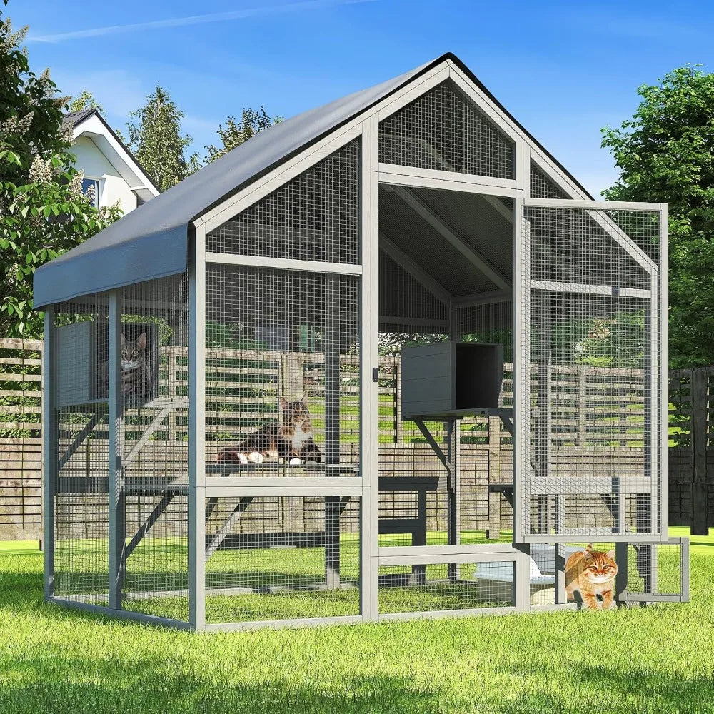 Cat Catio - Large Outdoor Catio Enclosure with 7 Tiered Platforms & 2 Premium Resting Boxes, Weatherproof Cat Cage with UV-Resis