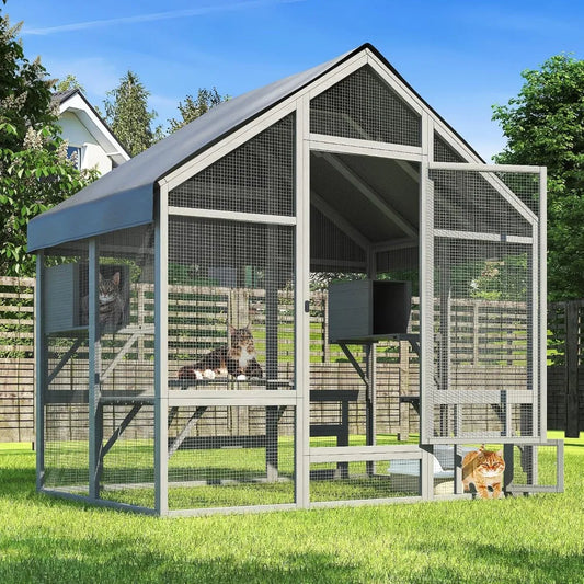 Cat Catio - Large Outdoor Catio Enclosure with 7 Tiered Platforms & 2 Premium Resting Boxes, Weatherproof Cat Cage with UV-Resis