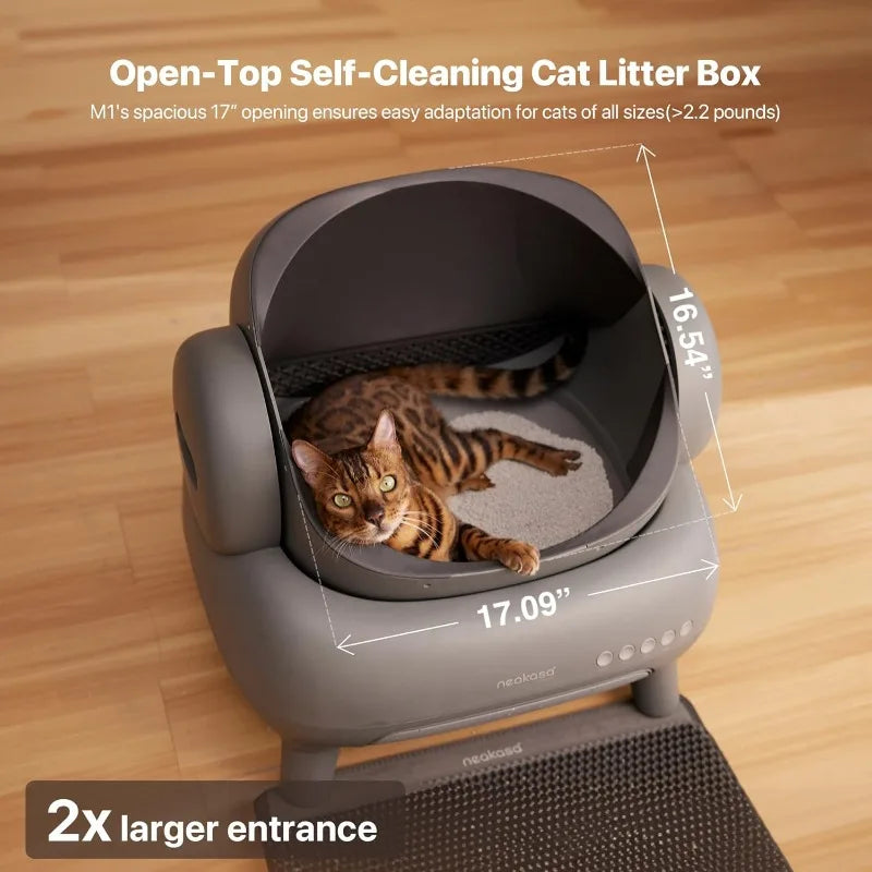 M1 Open-Top Self Cleaning Cat Litter Box, Automatic Cat Litter Box with APP Control, Odor-Free Waste Disposal Includes Trash