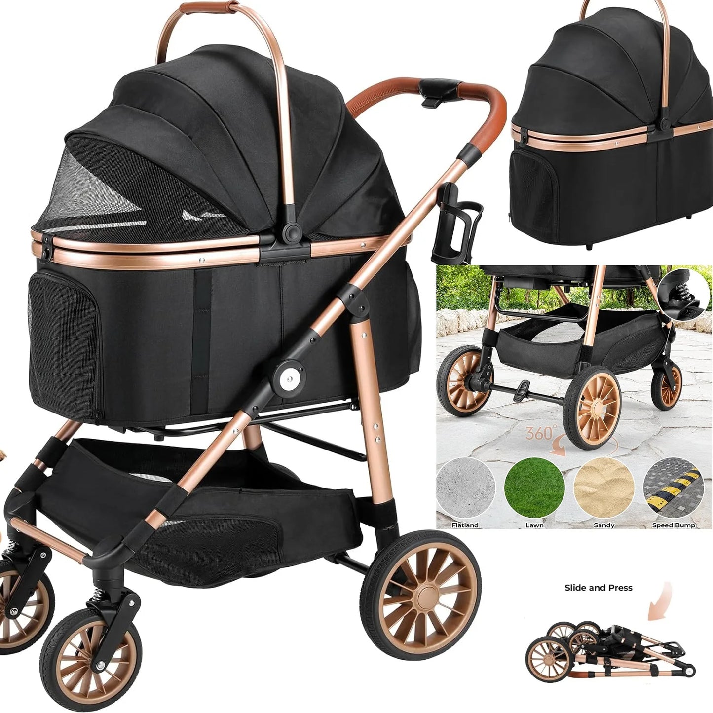 360 Degree High Wheels Foldable Pet Stroller 2In1 Buggy