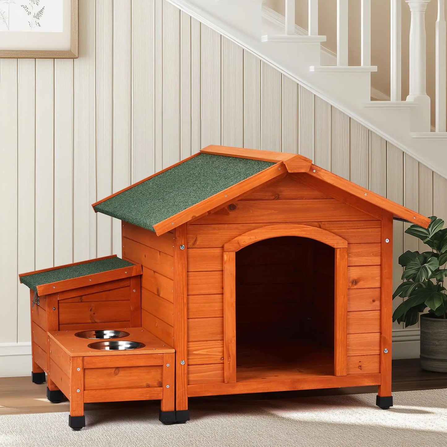Cozy Wooden Dog House With Food Bowl And Storage Bucket
