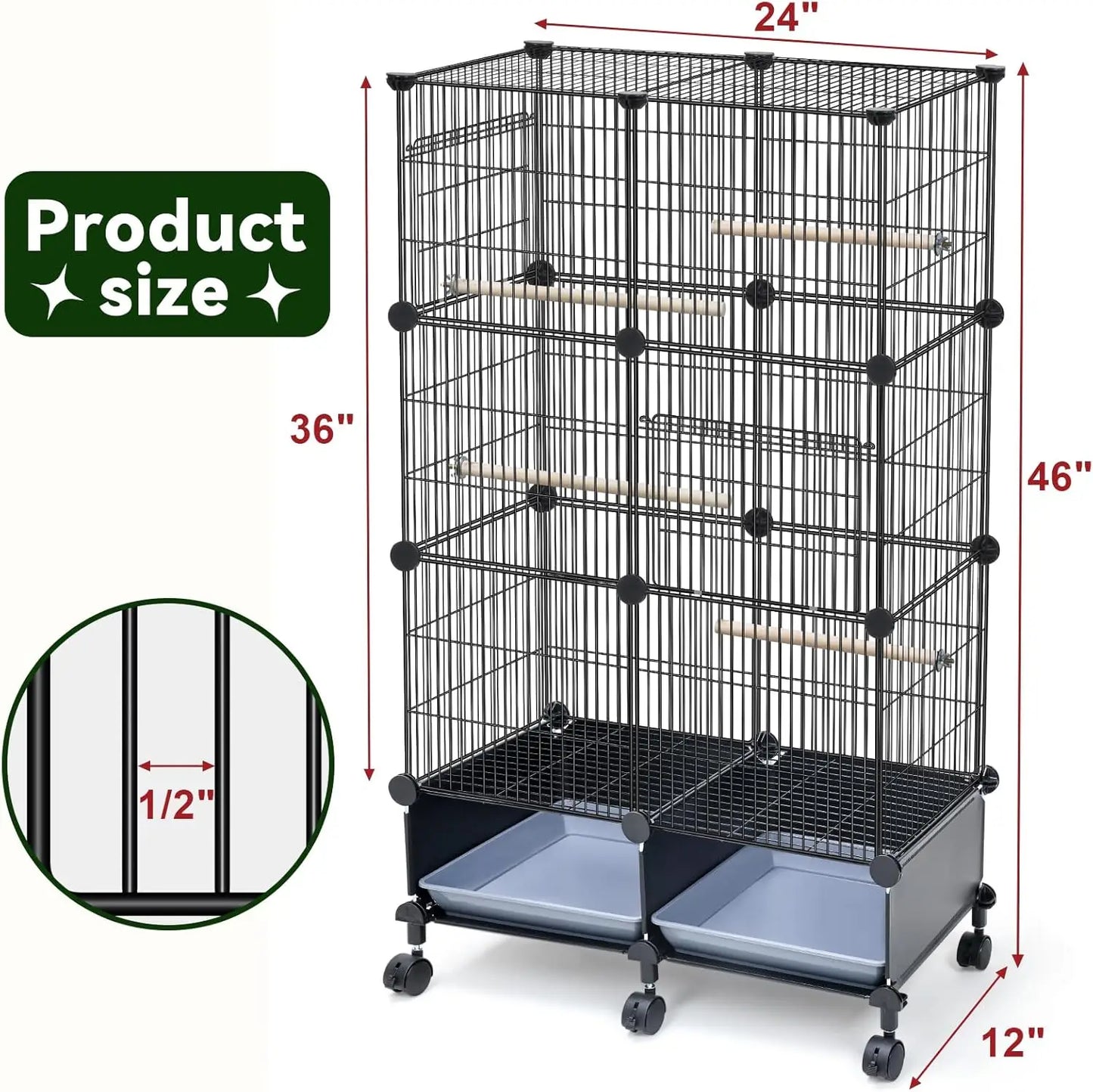 Wooden Bird Cage Perches Water Bottle Feeder Slide Out Tray