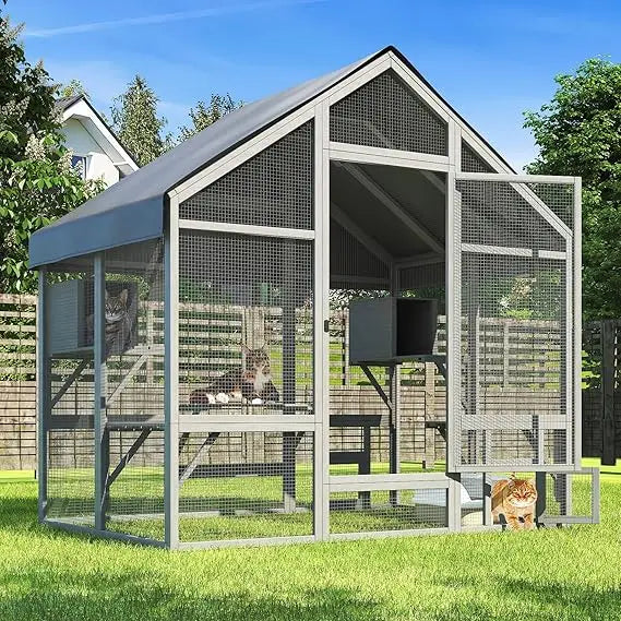 Cat Catio - Large Outdoor Catio Enclosure with 7 Tiered Platforms & 2 Premium Resting Boxes, Weatherproof Cat Cage with UV-Resis