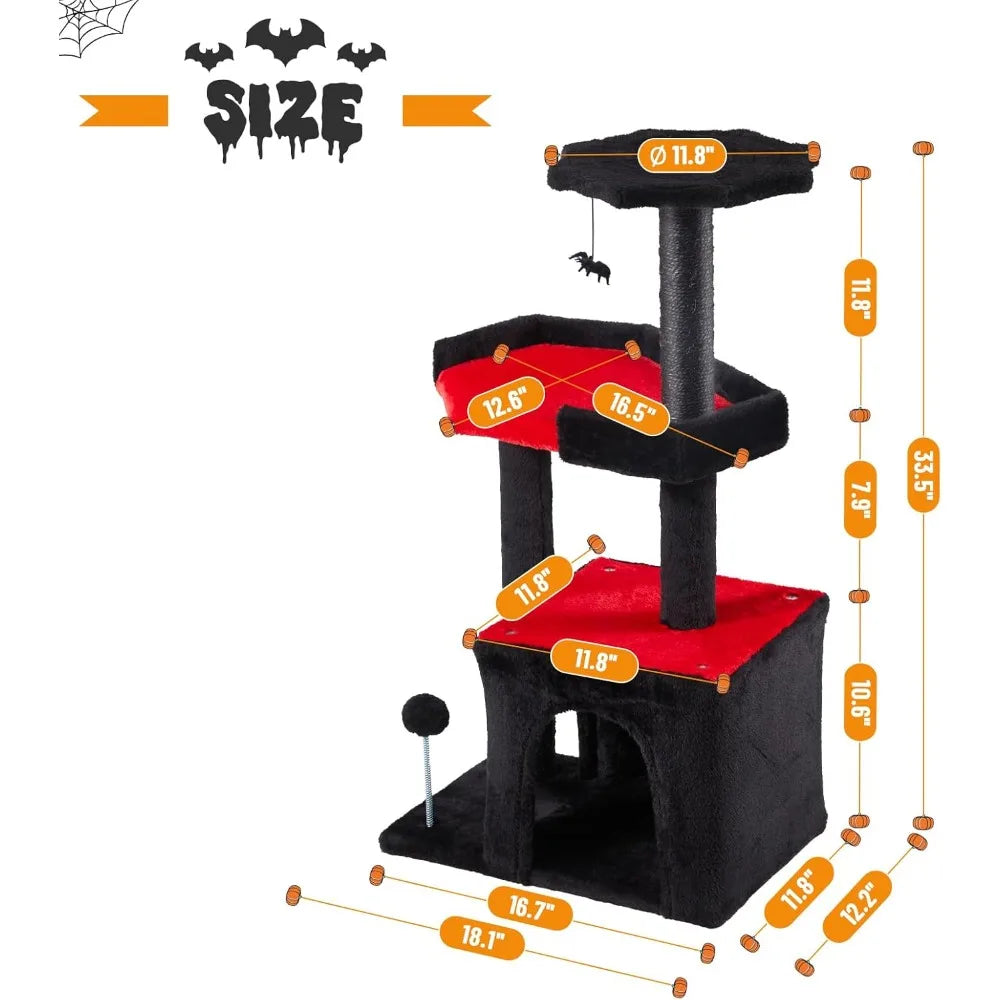 Erinnyees Gothic Cat Tree, Black Cat Tower for Indoor Kitties, 33.5 Kitty Condo with Scratching Post, Coffin Bed, Small Goth Tre