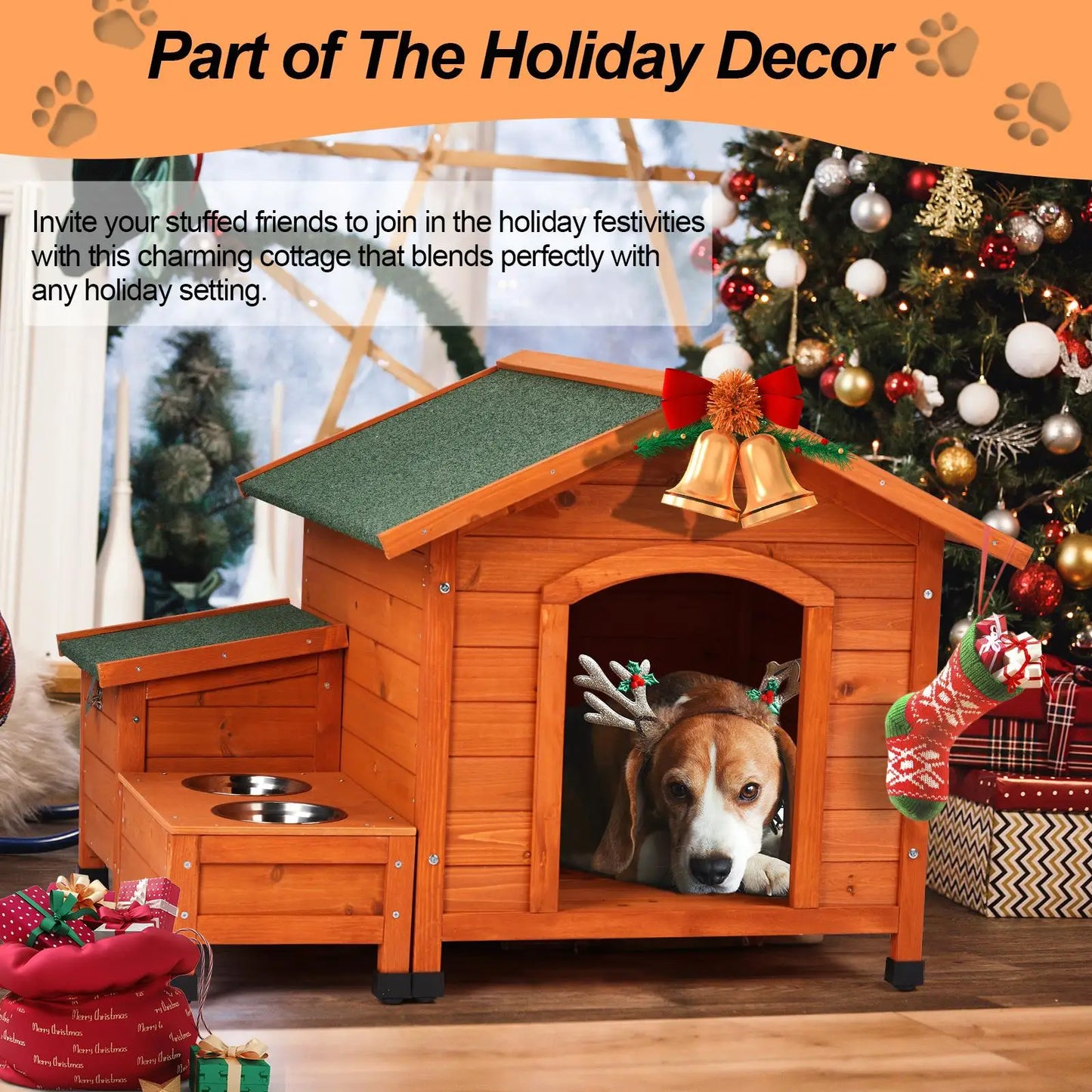 Cozy Wooden Dog House With Food Bowl And Storage Bucket