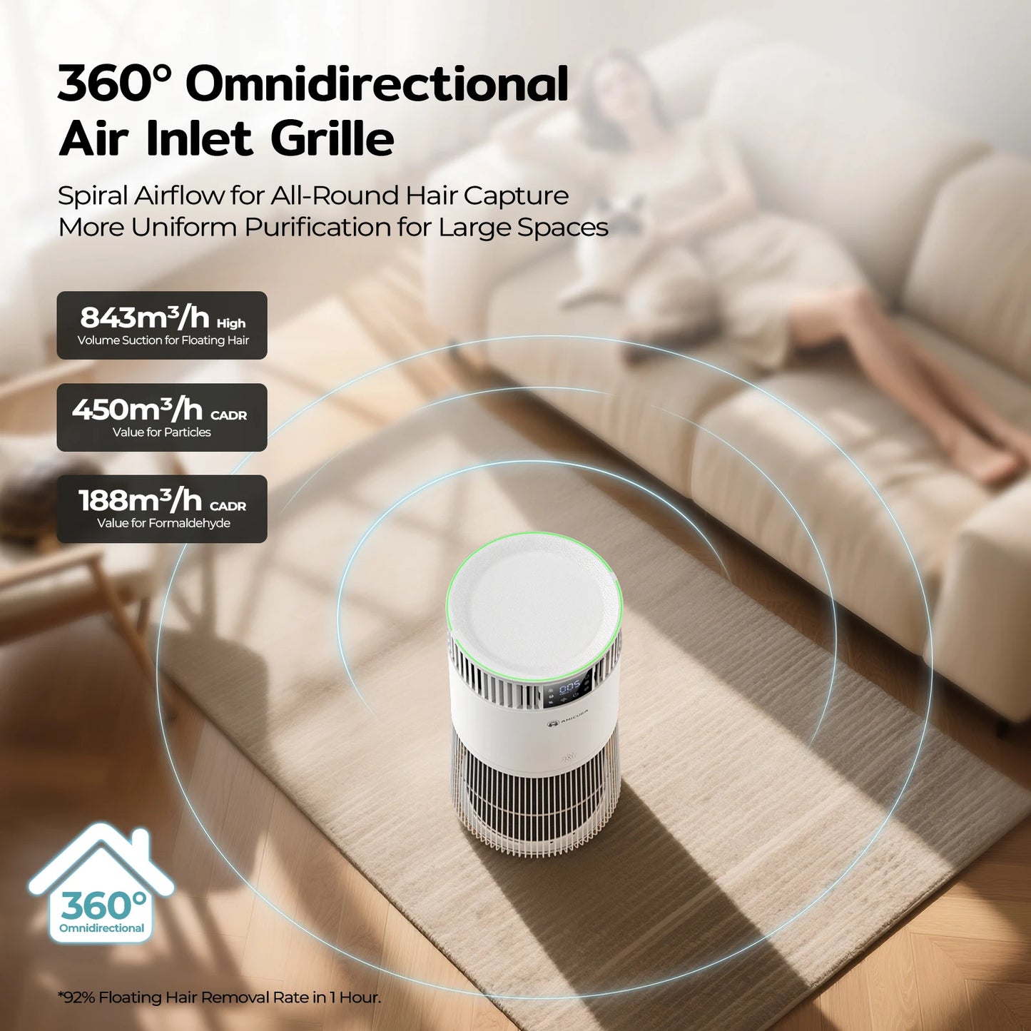 Amicura P2 Pet Air Purifier 843m3h 450 CADR Odour Neutralisation