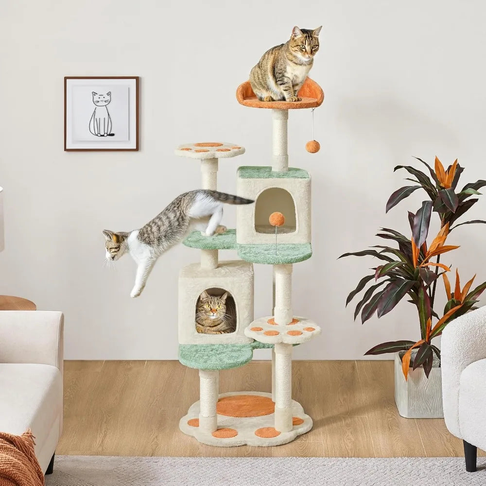 Yaheetech 57.5in Cat Tree Tower, Multi-Functional Activity Center w/Cat Paw-Shaped Platform, Scratching Posts, 2 Condos and Dang
