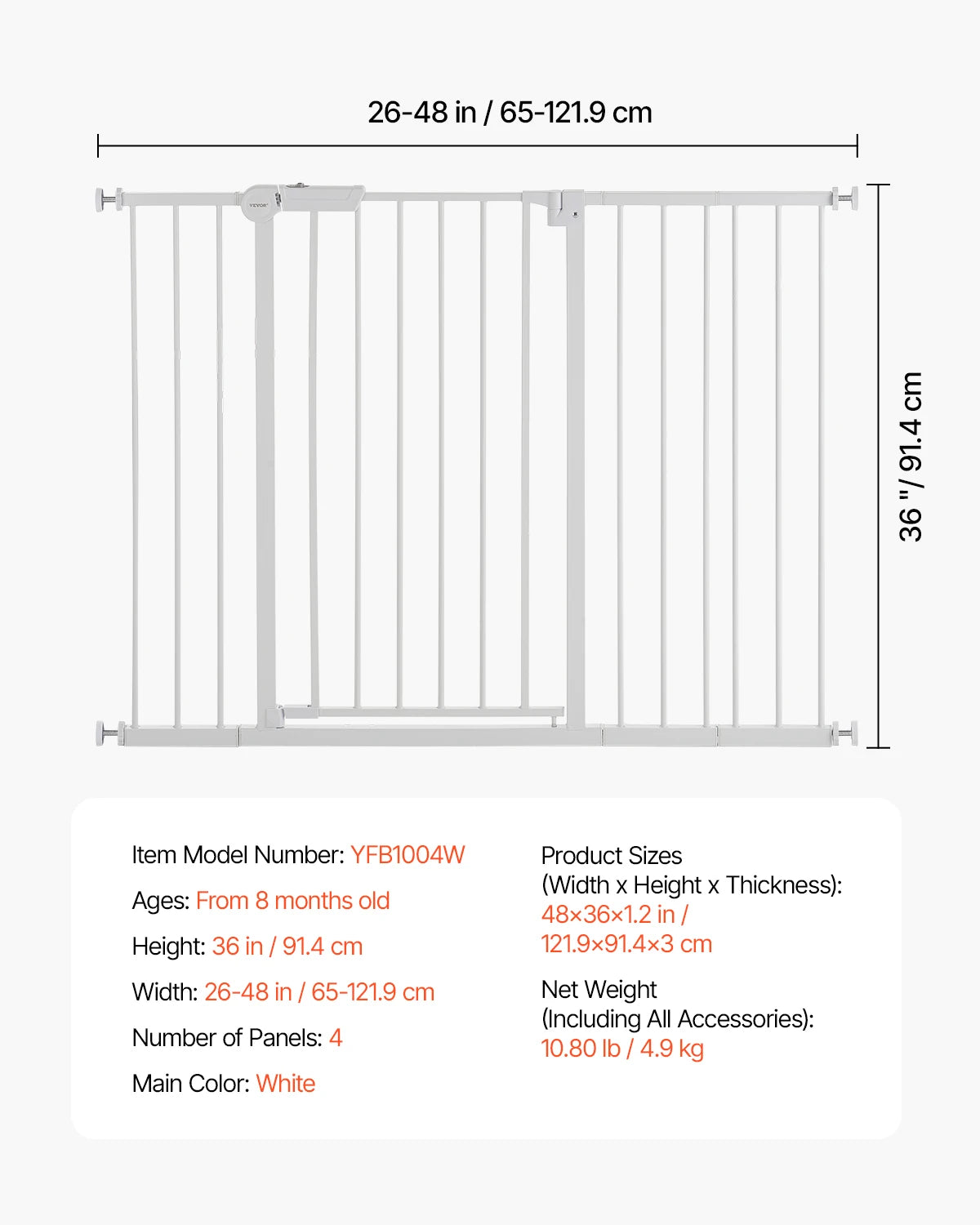 VEVOR Baby Gate 28/30/36 Inches High Dog Gate Easy Step Walk Thru Child Pet Security Pressure Mount Kit Wall Cups Doorways