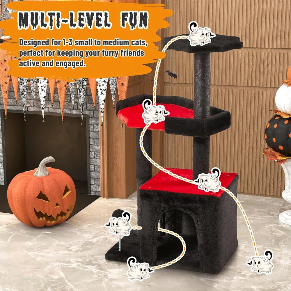 Erinnyees Gothic Cat Tree, Black Cat Tower for Indoor Kitties, 33.5 Kitty Condo with Scratching Post, Coffin Bed, Small Goth Tre