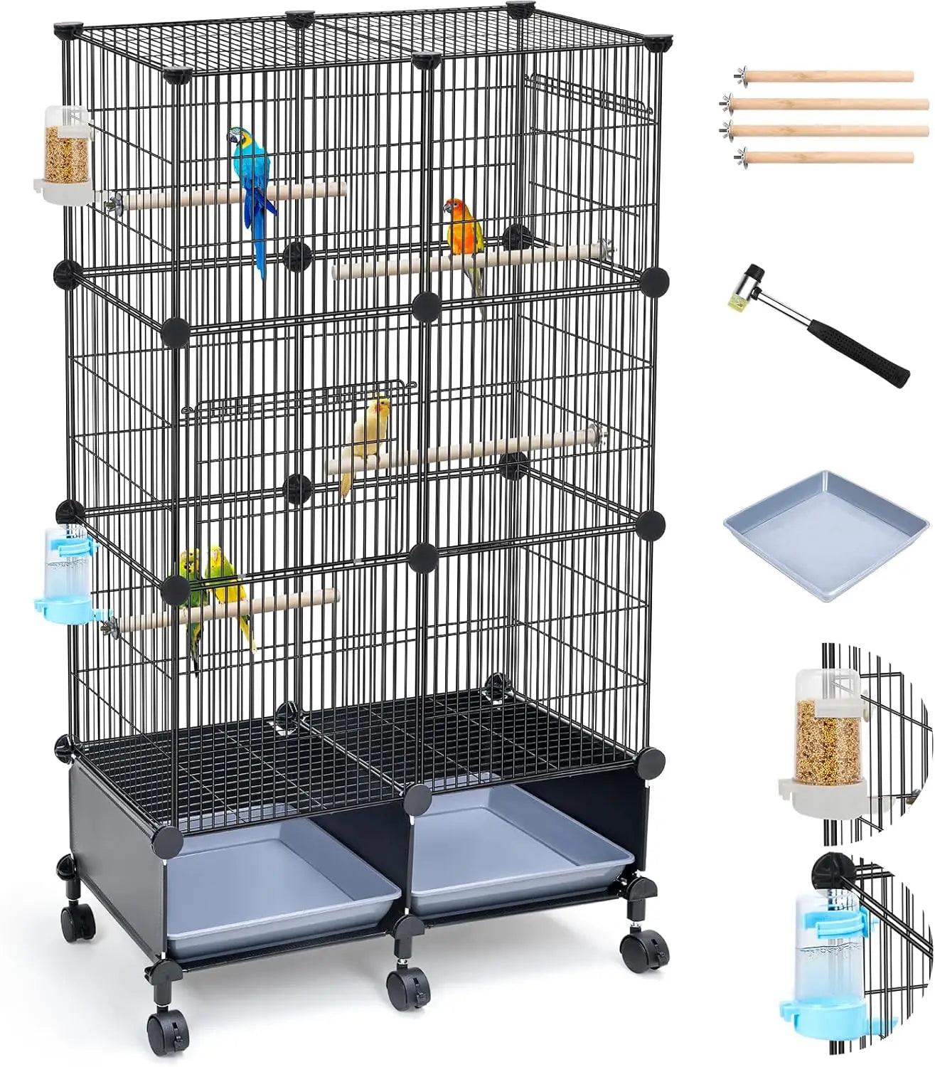Wooden Bird Cage Perches Water Bottle Feeder Slide Out Tray