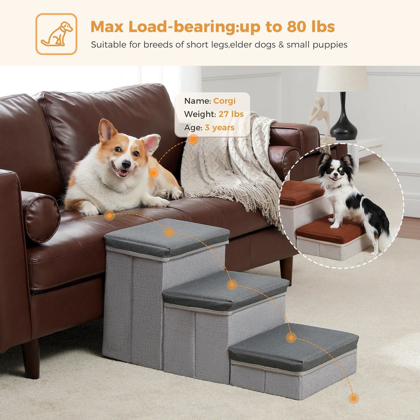 Foldable 3 Tier Dog Stairs With Adjustable Height Storage