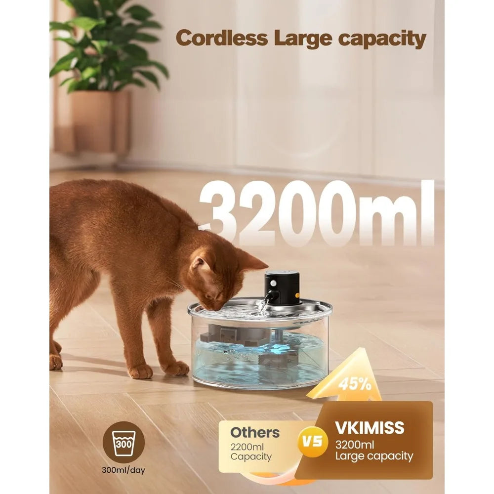 Hign-concerned Wireless Cat Water Fountain Rechargeable Cordless