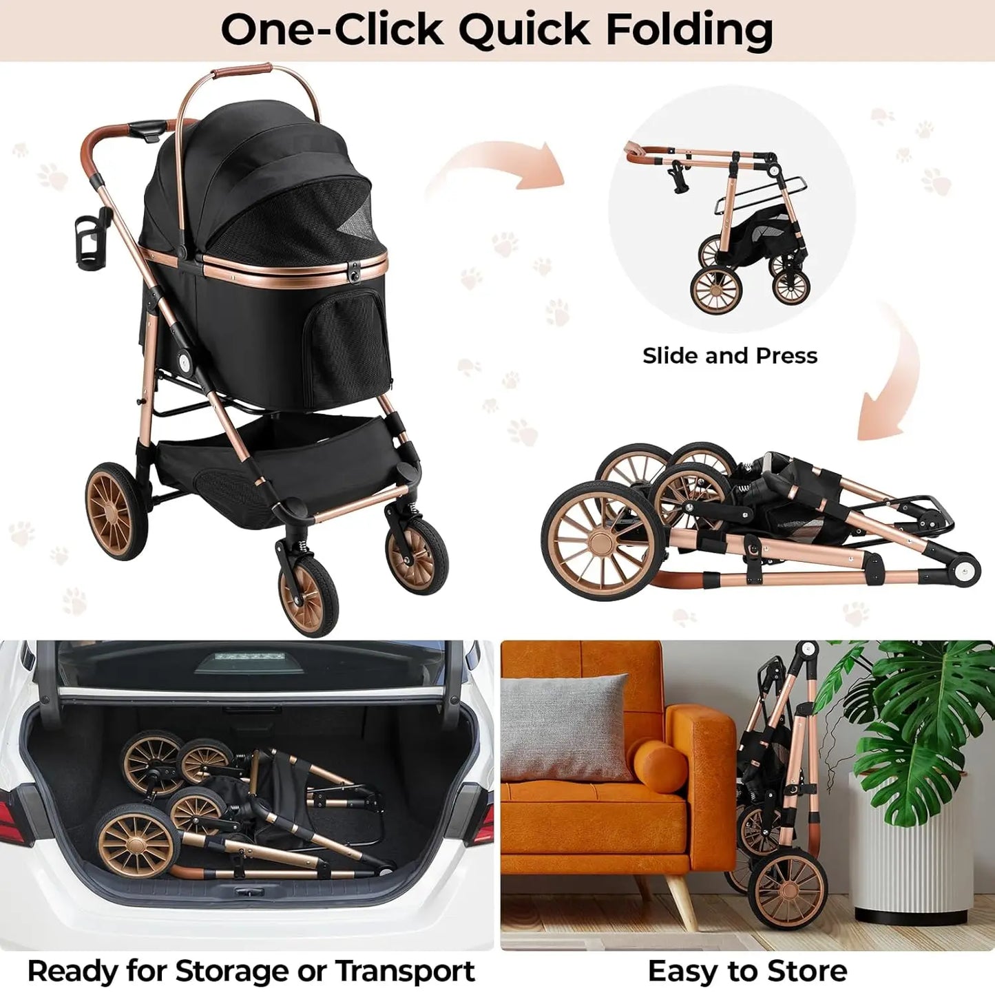 360 Degree High Wheels Foldable Pet Stroller 2In1 Buggy
