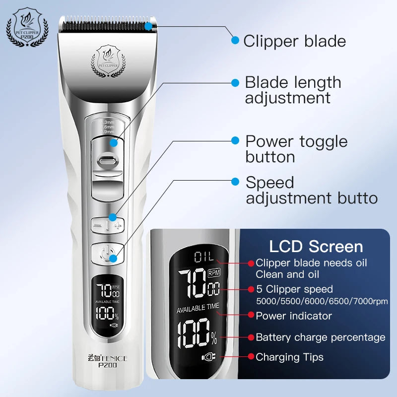 Fenice 5000mA Cordless Dog Grooming Clippers LCD Screen