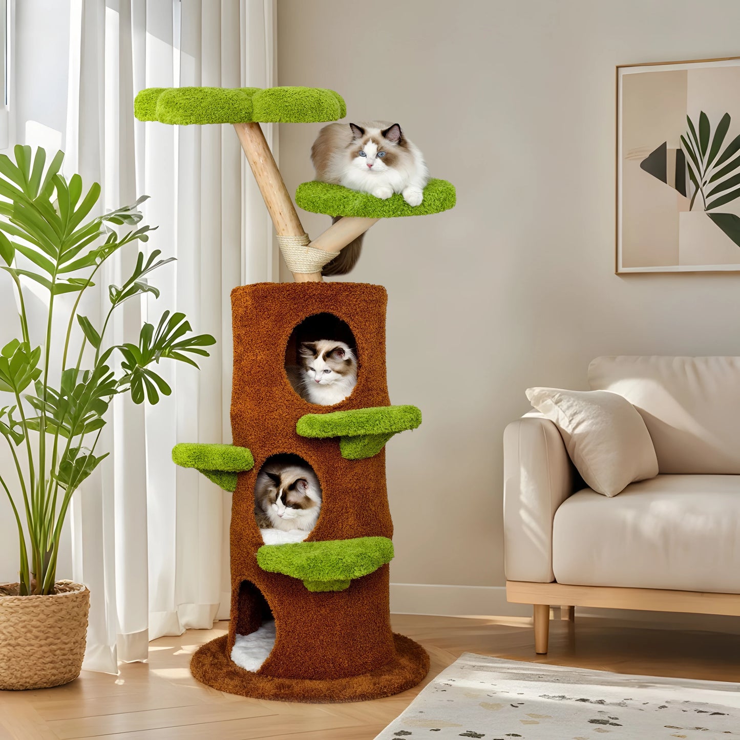 BORWARTCN Luxury Wood Cat Tree Tower With Scratching Post Bed