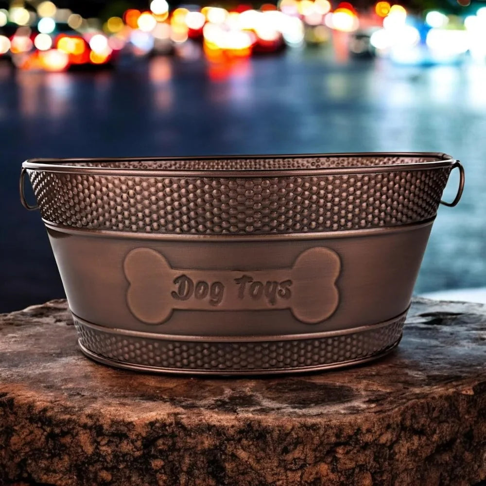 Indestructible Metal Dog Toy Bin - Copper Galvanized Storage Bin with Handles, Dog Toy Box for Dog Chew Toys