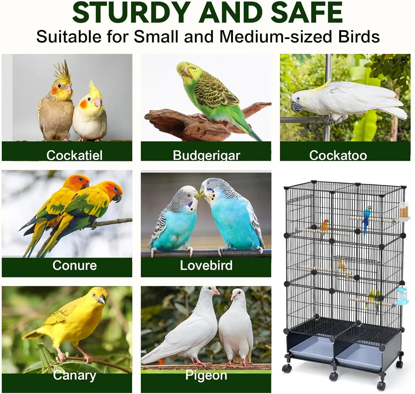 Wooden Bird Cage Perches Water Bottle Feeder Slide Out Tray